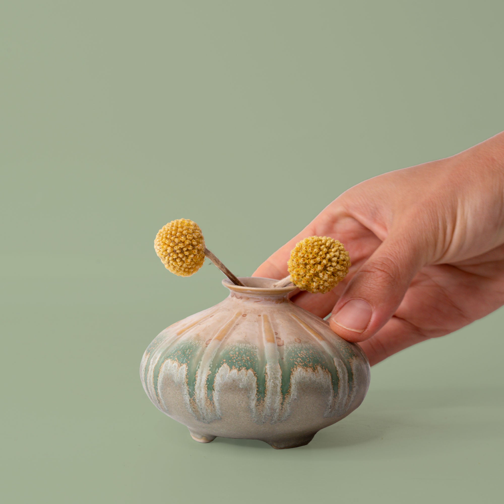 Hand holding a small green and beige ceramic artisan decorative vase with yellow billy ball flowers