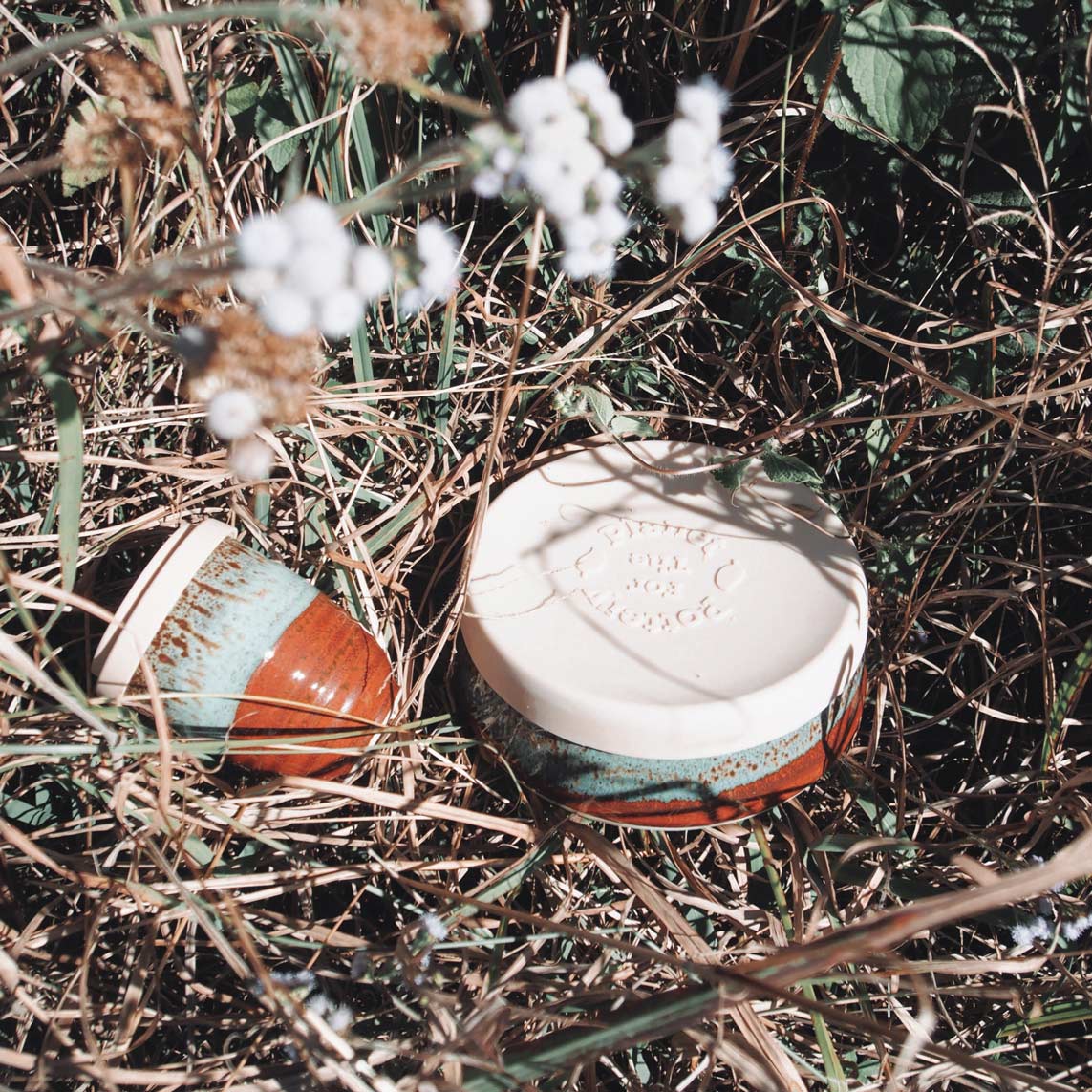 Gumnut Travel Bowl in grass and flowers with Travel Cup