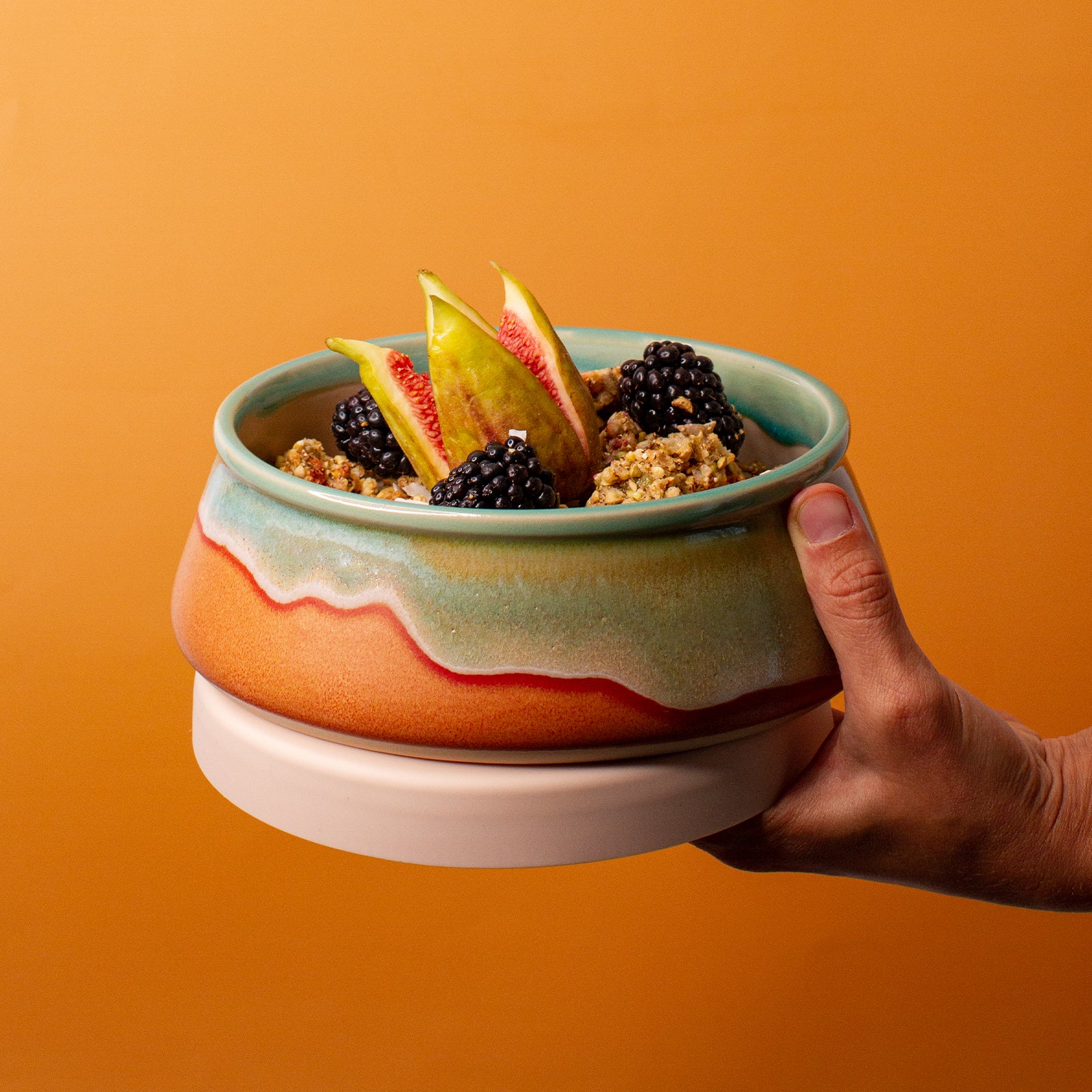 Orange Green Ceramic Bowl with Lid