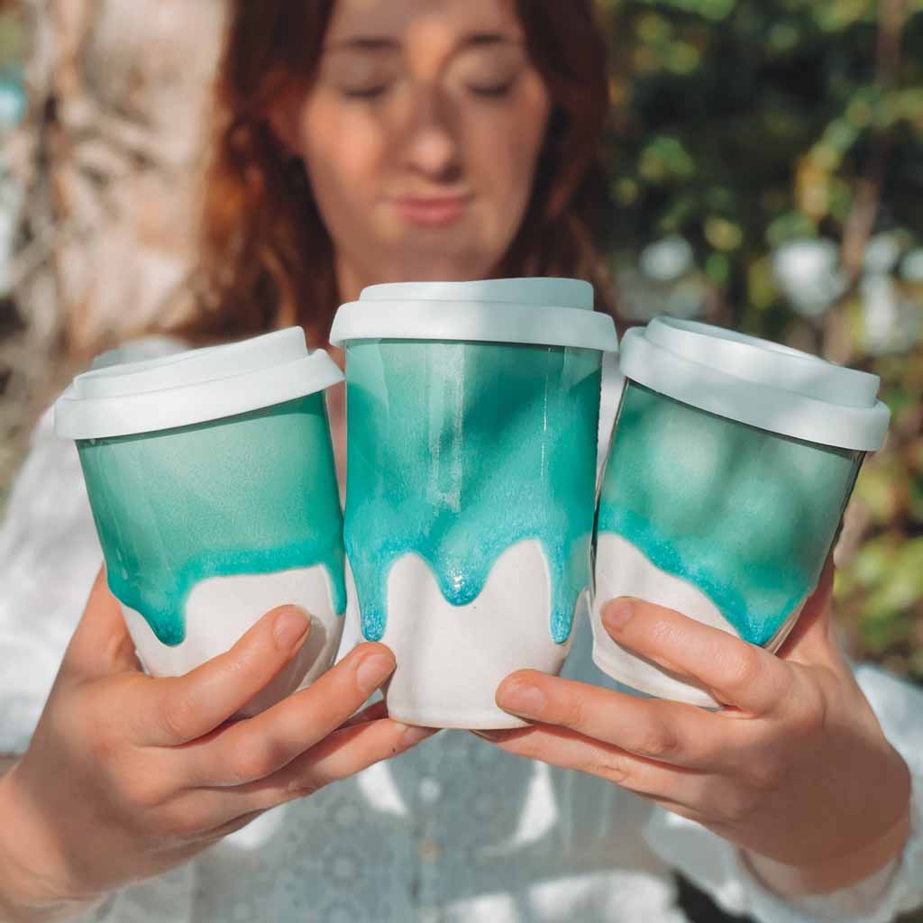 Green Handmade Ceramic Travel Cup three pieces