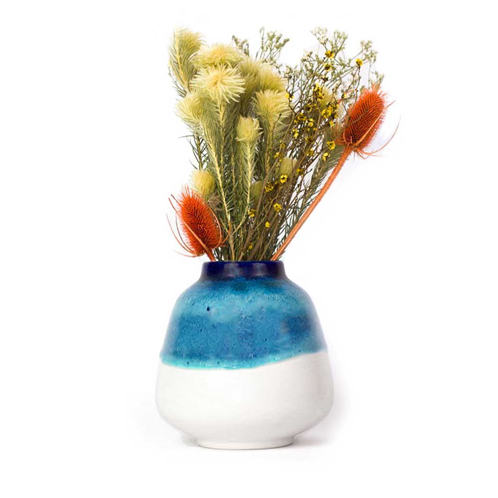 Pottery For The Planet blue and white ceramic bouquet vase for home decor with dried flowers