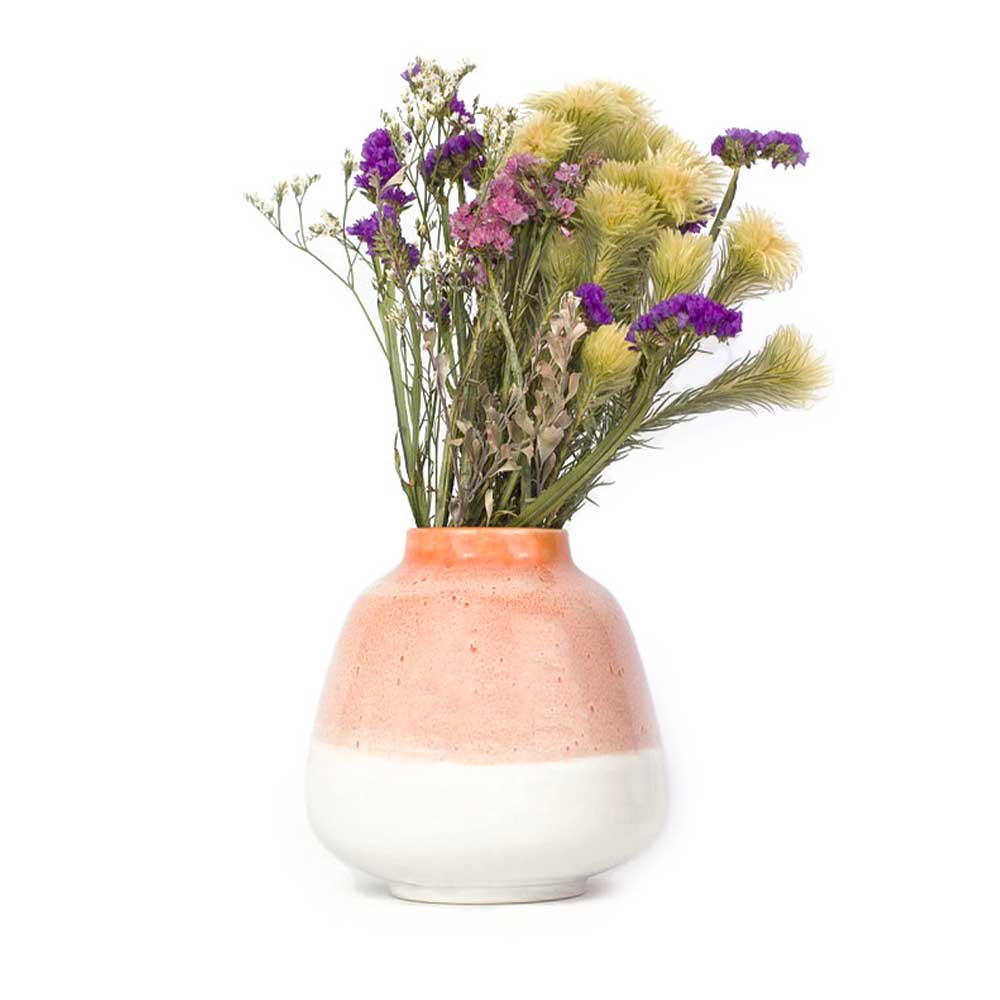 Pottery For The Planet bouquet vase for home decor with pink and white ceramic finish holding dried flowers