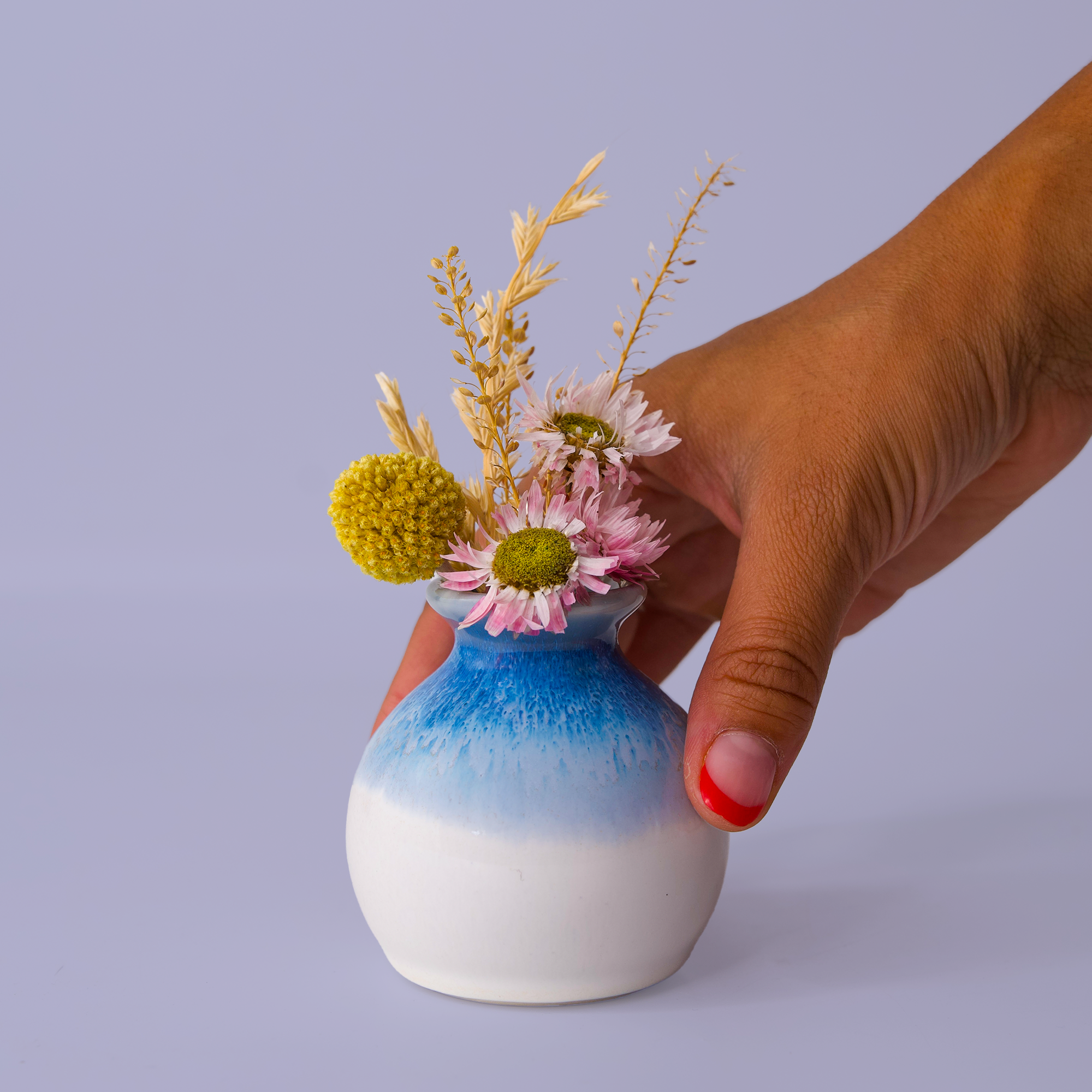 Blue and white eco-friendly home decor vase from Pottery For The Planet with dried flowers held in hand