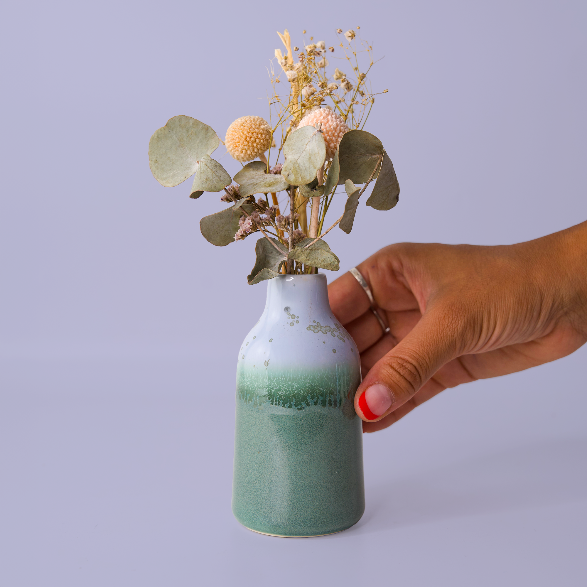 Hand holding a green and white modern decorative flower vase with dried flowers against a plain background