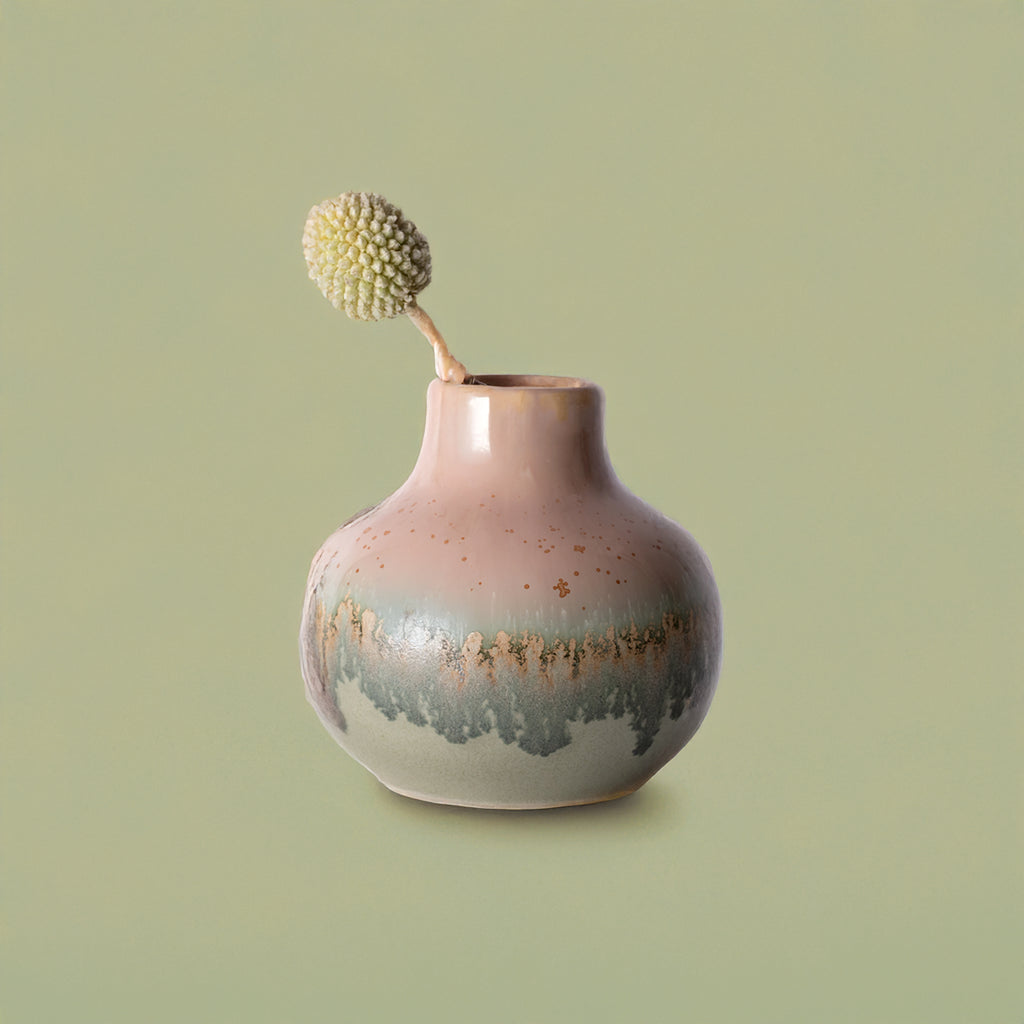 Small handmade home decor vase with pink and gray glaze and minimalist dried flower accent