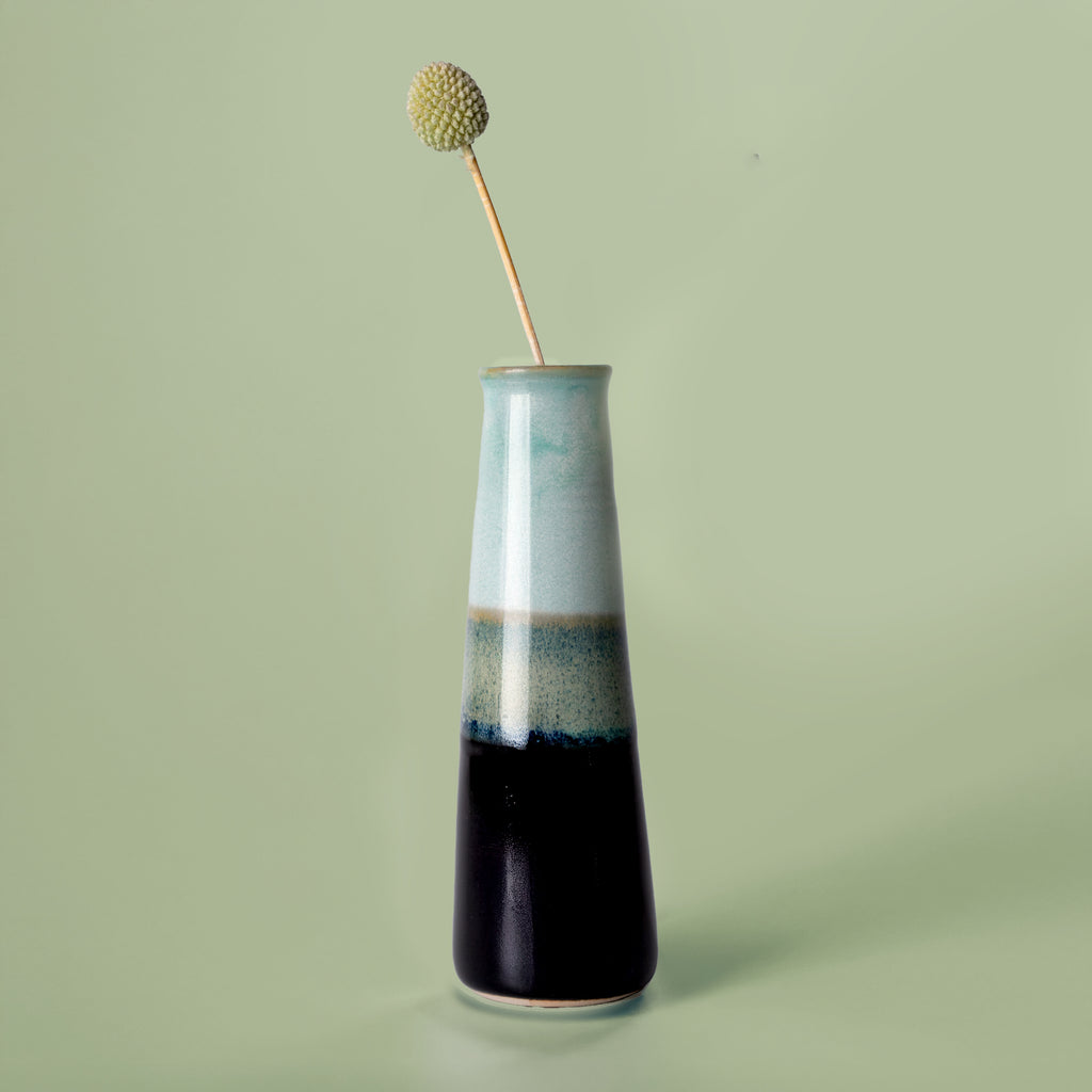 Pottery For The Planet tall ceramic sustainable home decor vase with gradient blue and black glaze