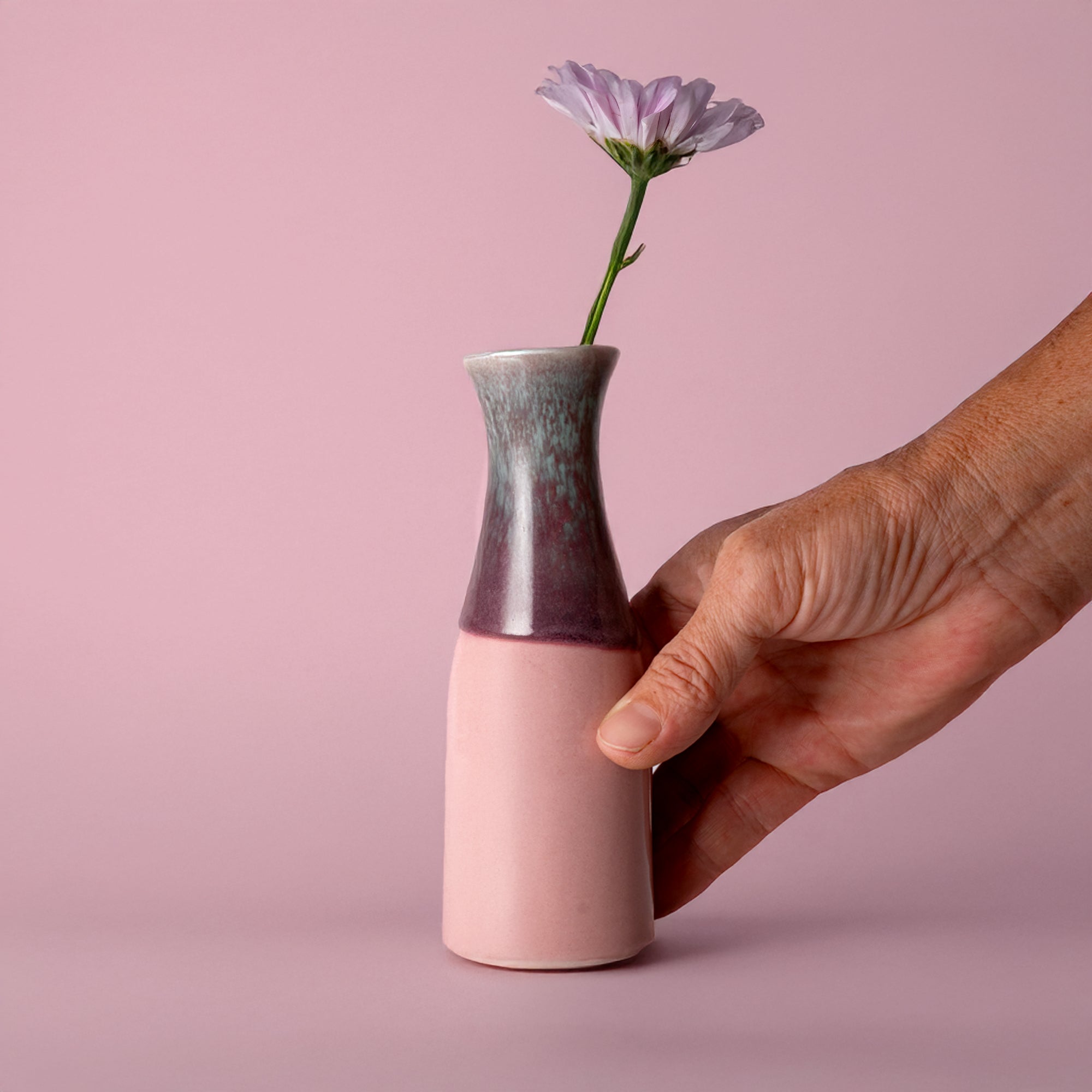 Hand holding unique ceramic flower vase in pink and purple with a single purple flower