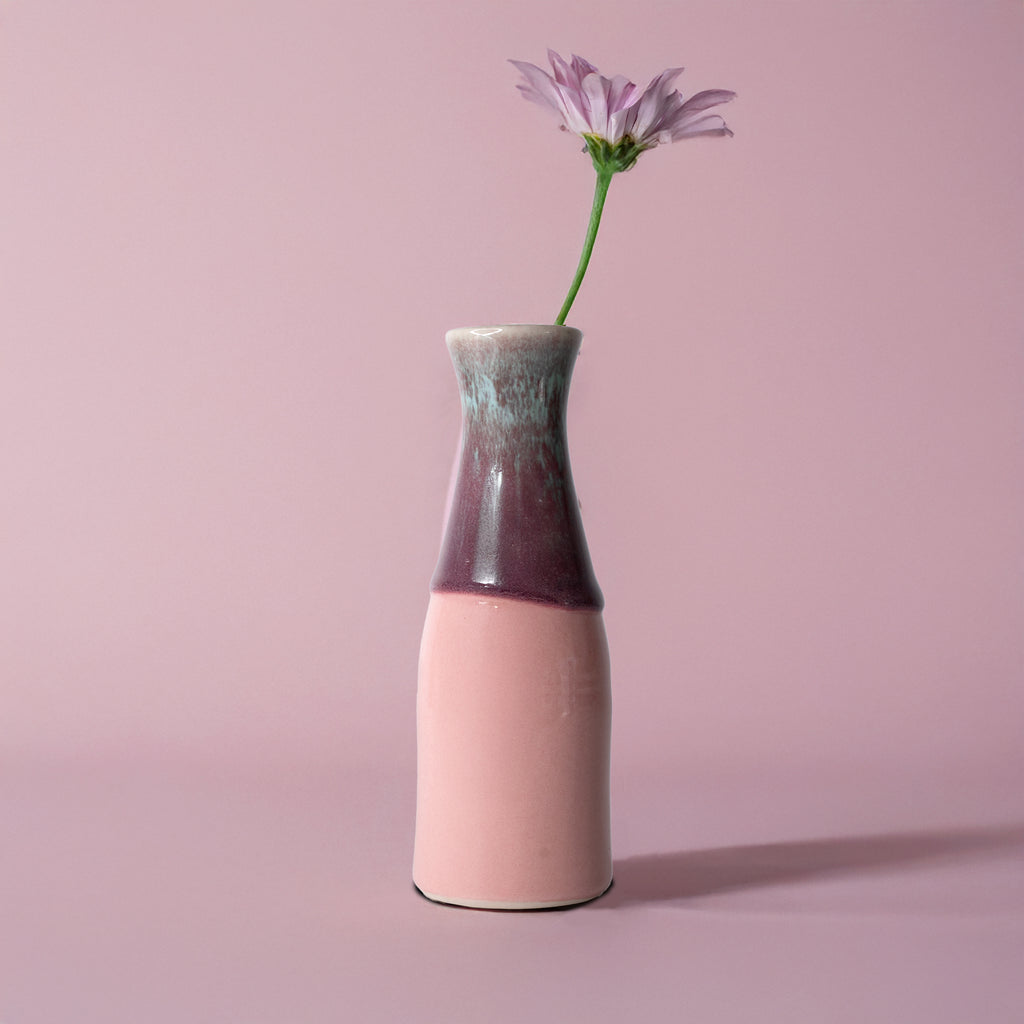 Pottery For The Planet unique ceramic flower vase in pink and purple with single purple flower