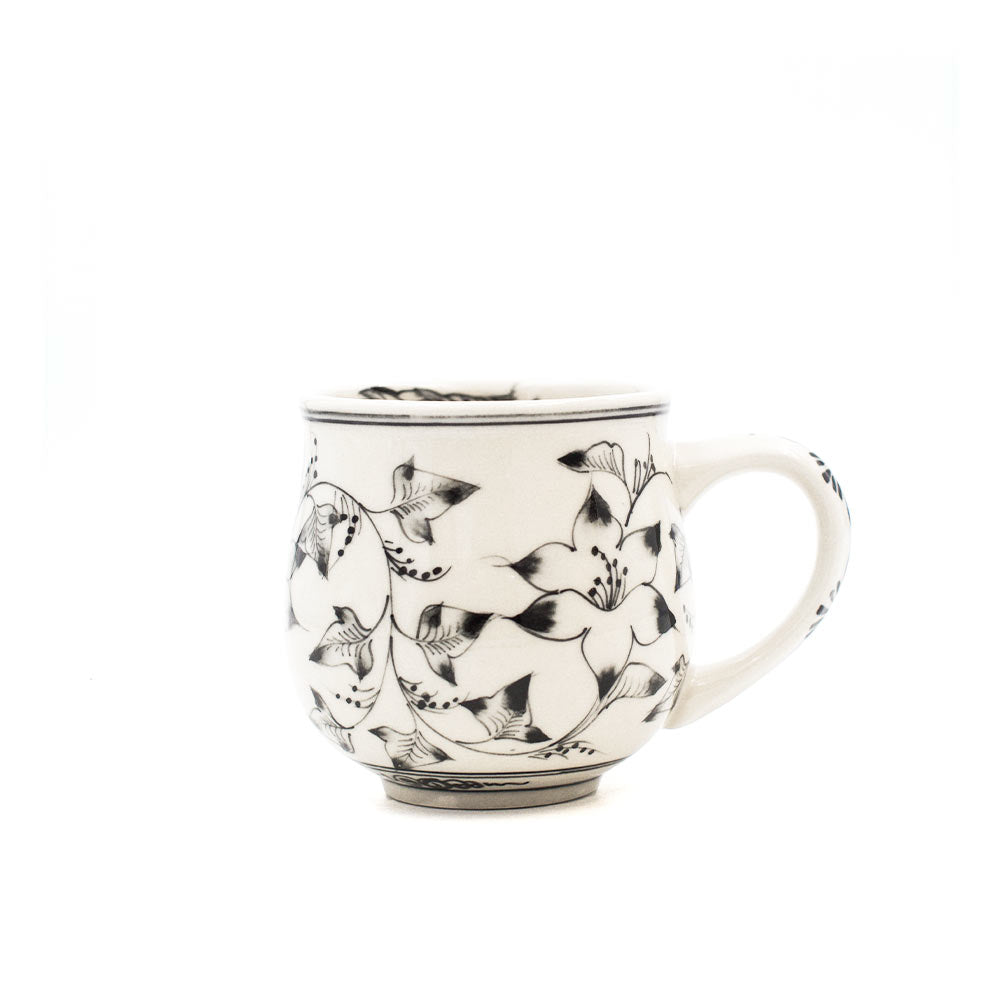 Floral black and white ceramic hug mug