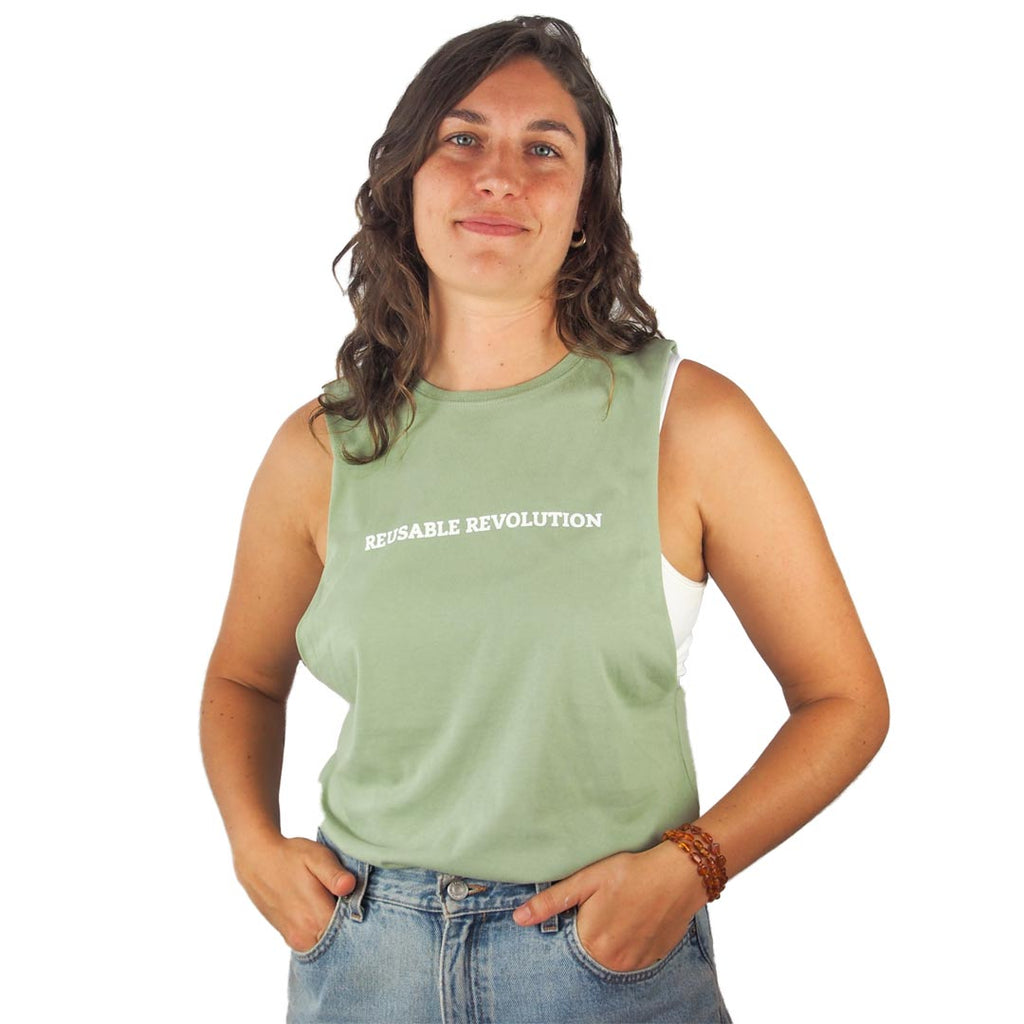 Pottery For The Planet Reusable Revolution Singlet Pistachio Front On Woman