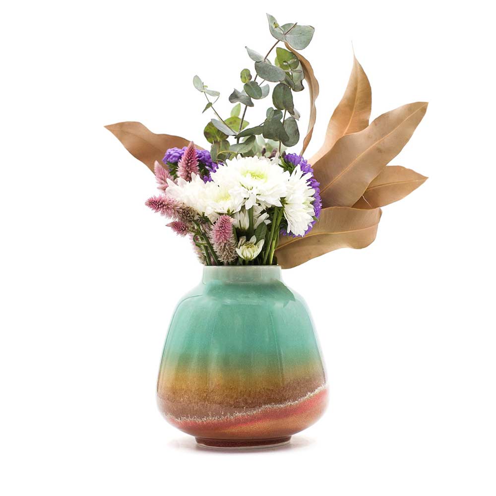 Pottery For The Planet bouquet vase for home decor with green brown gradient and assorted flowers