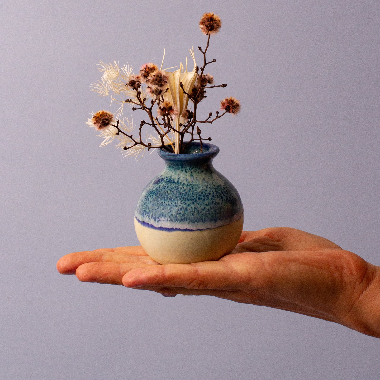 Small Blue and white Ceramic vase in hand