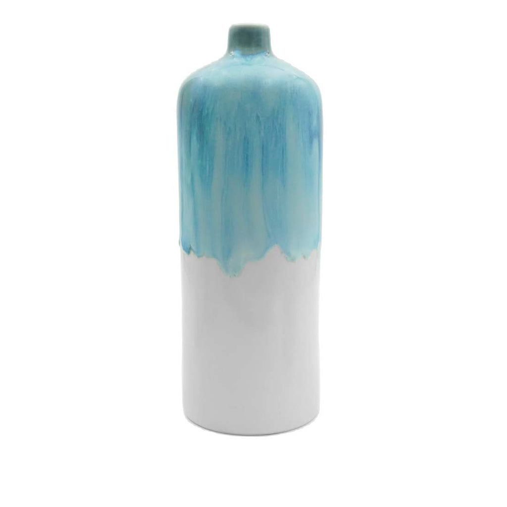 Pottery For The Planet medium decorative bud vase with blue drip glaze over white ceramic body