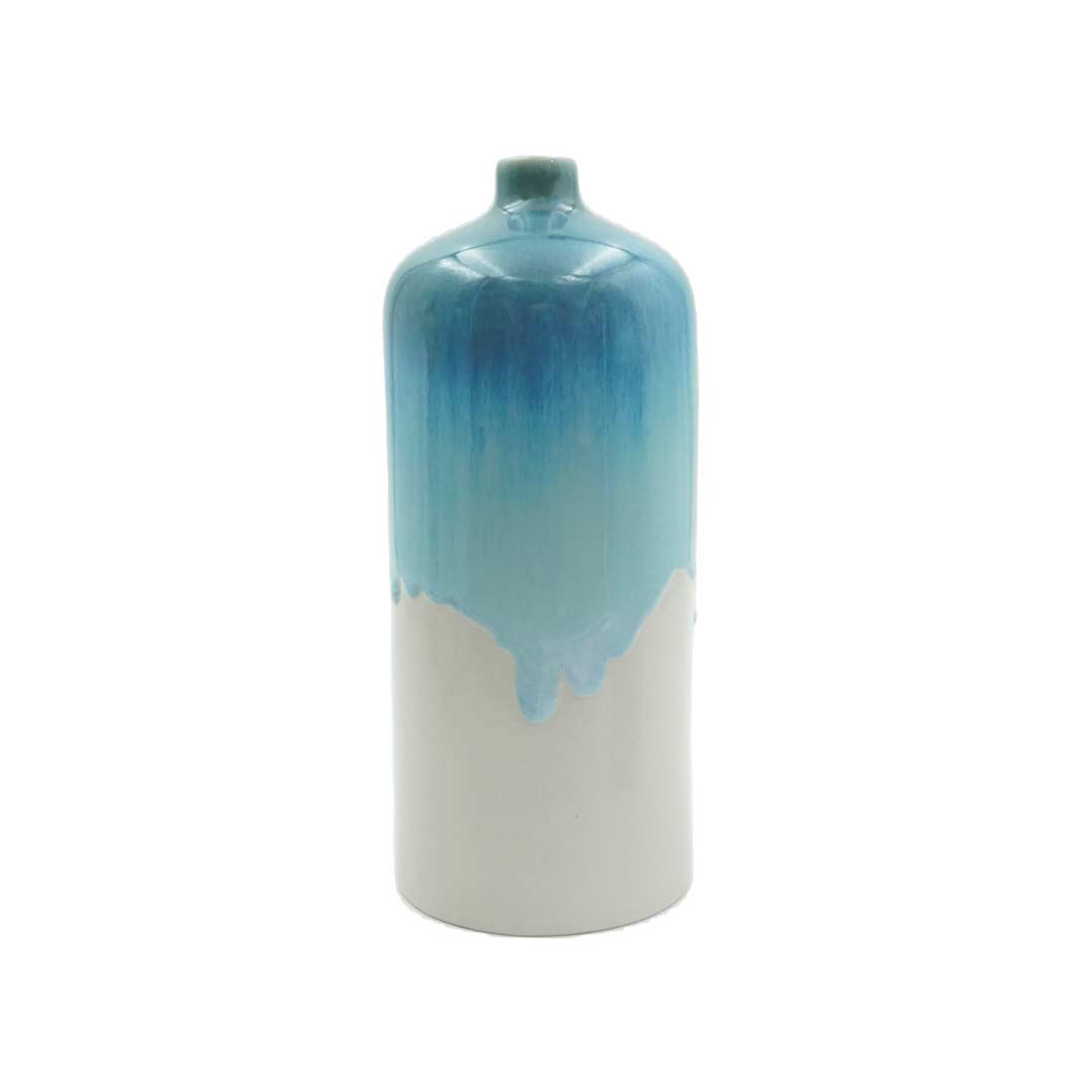 Pottery For The Planet medium decorative bud vase with blue drip glaze over white ceramic